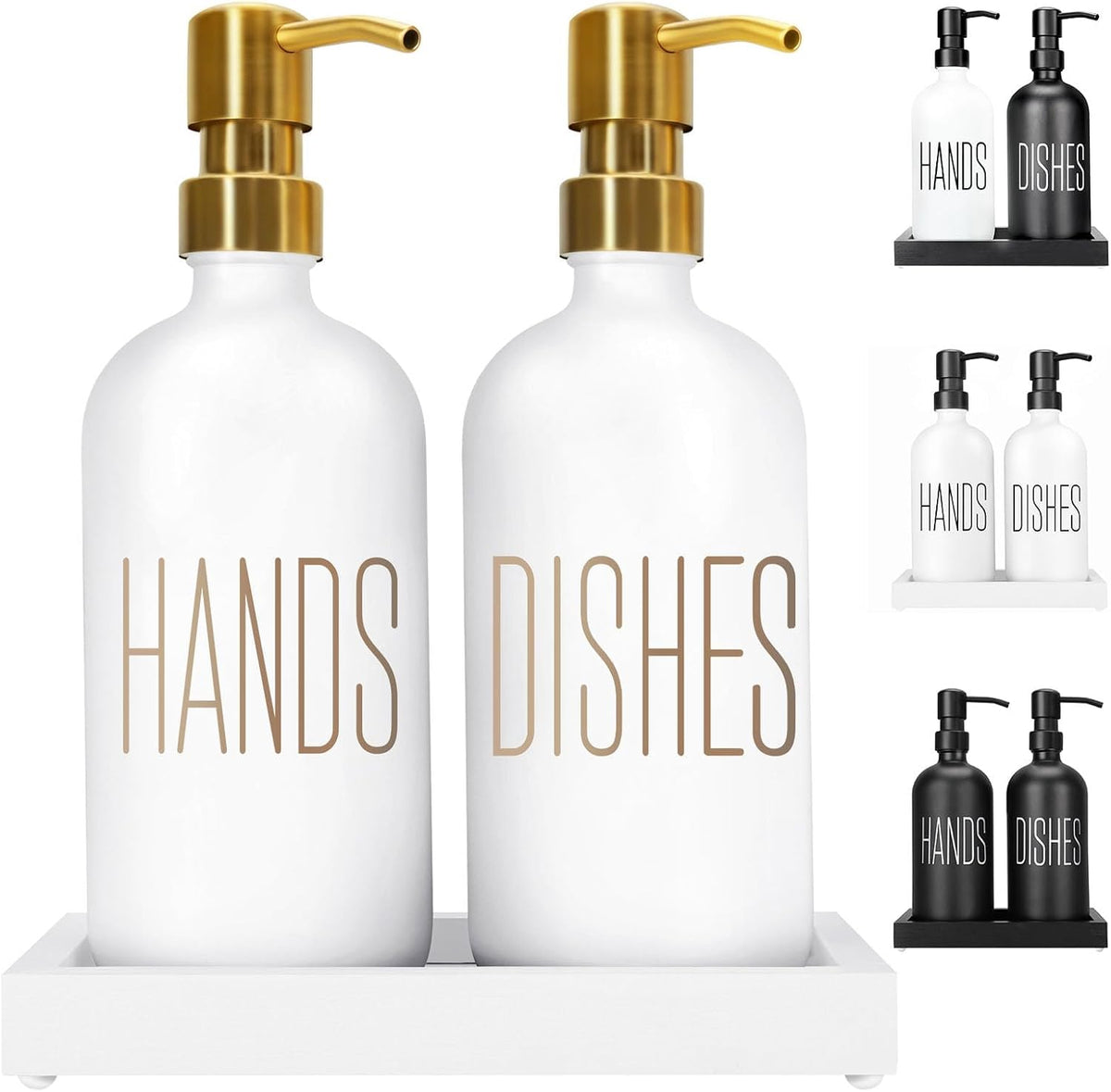Soap Dispenser Set, Contains Hand Soap Dispenser and Dish Soap Dispenser for Kitchen， Glass Soap Dispenser with Stainless Steel Pump，for Luxury Gold Kitchen Counter Decor，（White）