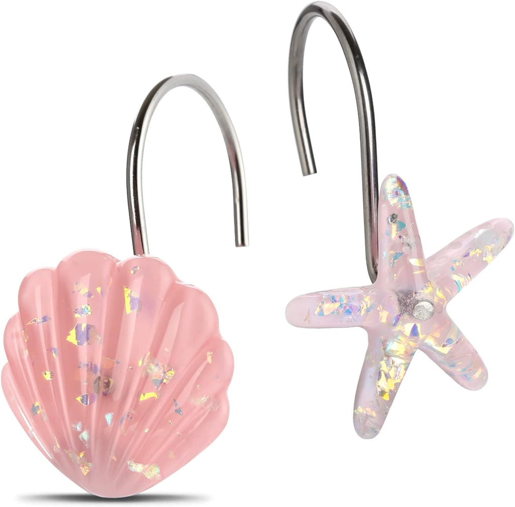 Seashell Shower Curtain Hooks, 12PCS Stainless Steel Anti Rust Starfish and Seashell Decorative Shower Hooks Ocean Theme Shower Curtain Hooks for Home Bathroom (Pink Seashell)