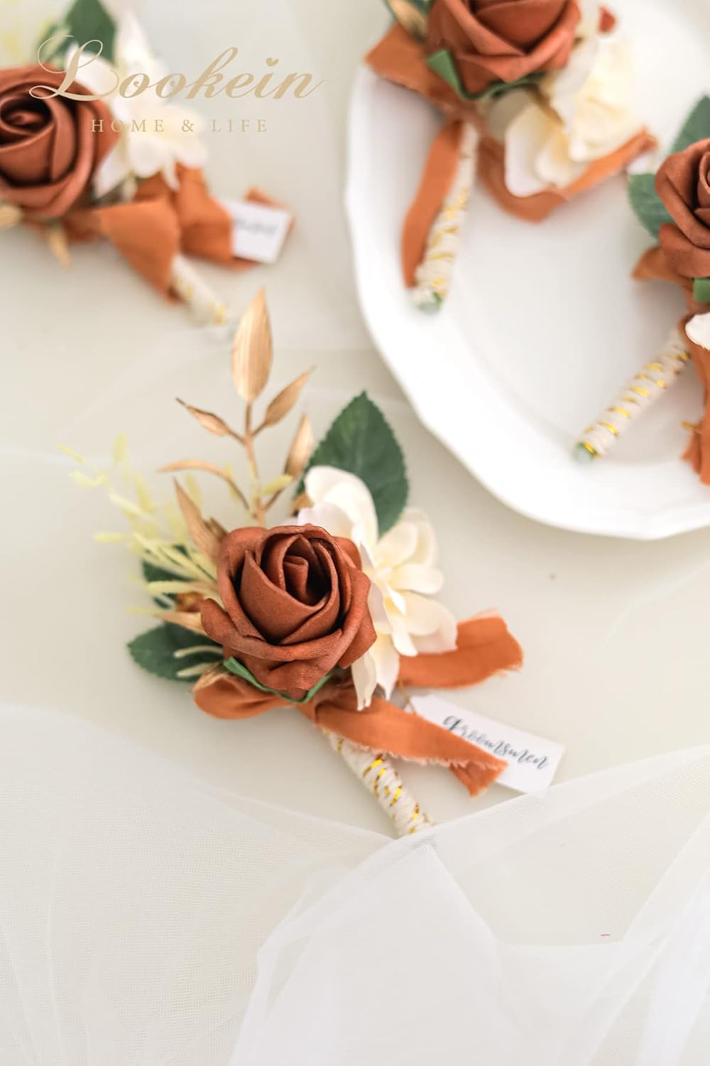 Lookein Set of 2 Terracotta Wedding Boutonniere for Men Artificial Flowers Wedding Groom Groomsmen Boutonniere for Wedding Ceremony Anniversary Formal Dinner Party