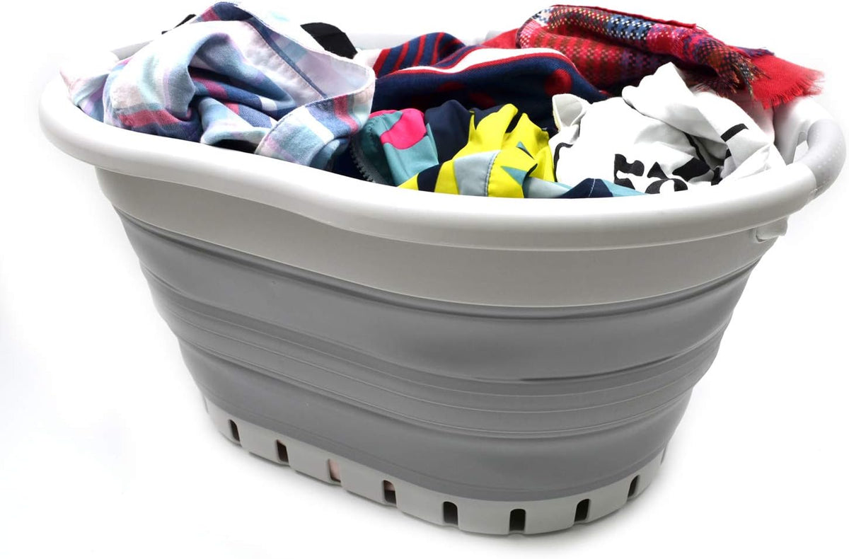 SAMMART 36L (9.5 gallon) Collapsible 3 Handled Plastic Laundry Basket-Foldable Pop Up Storage Container/Organizer-Space Saving Basket (3 handled Oval, Grey/Grey)