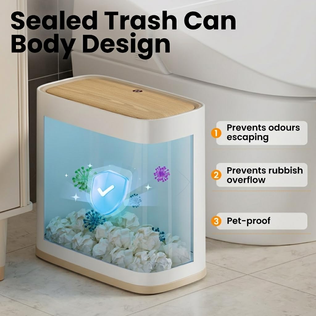 Bathroom Trash Can, 2.1 Gal Small Slim, Plastic White, Faux Wood Grain Lid