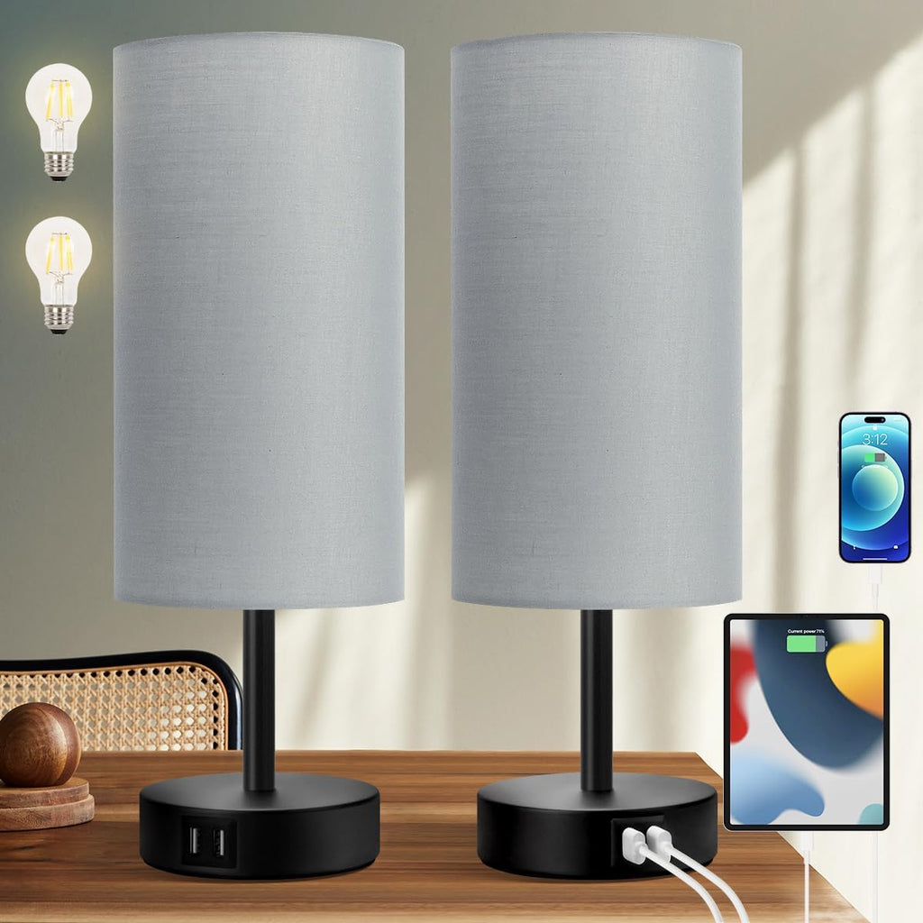 Yarra-Decor Bedside Lamps with USB Port - Touch Control Table Lamp for Bedroom 3 Way Dimmable Nightstand Lamp Set of 2 with Round Grey Fabric Shade for Living Room, Dorm, Home Office (Grey, 2 Pack)