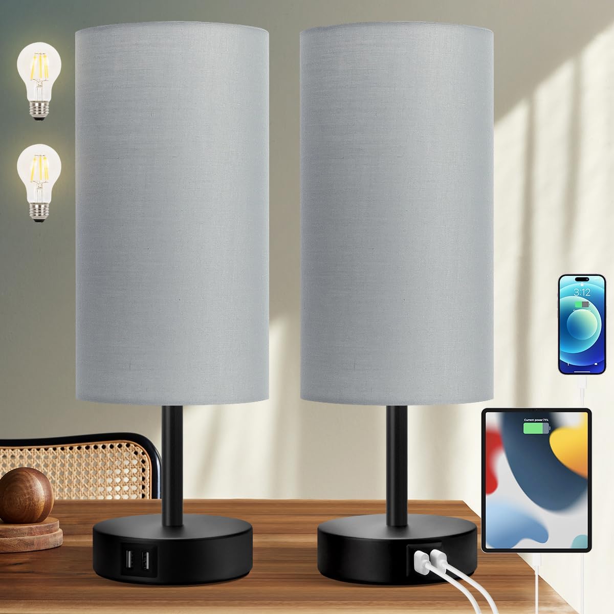 Yarra-Decor Bedside Lamps with USB Port - Touch Control Table Lamp for Bedroom 3 Way Dimmable Nightstand Lamp Set of 2 with Round Grey Fabric Shade for Living Room, Dorm, Home Office (Grey, 2 Pack)