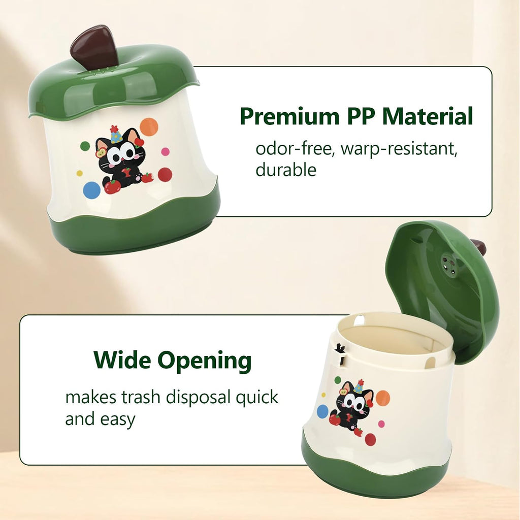 Cute Mini Desktop Trash Can - Small Desk Garbage Bin with One-Touch Press Lid - 6.3 Inch Plastic Waste Basket for Home Office, Bedroom, Vanity, Car - Cat Design (Green)