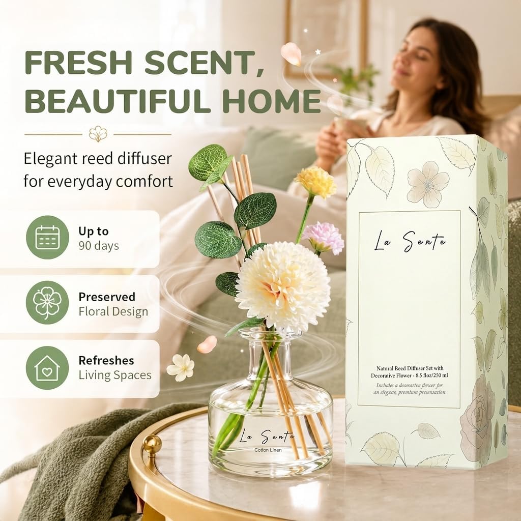 Reed Diffuser Set, Cotton Linen Scent, 8.5oz / 250ml, for Home
