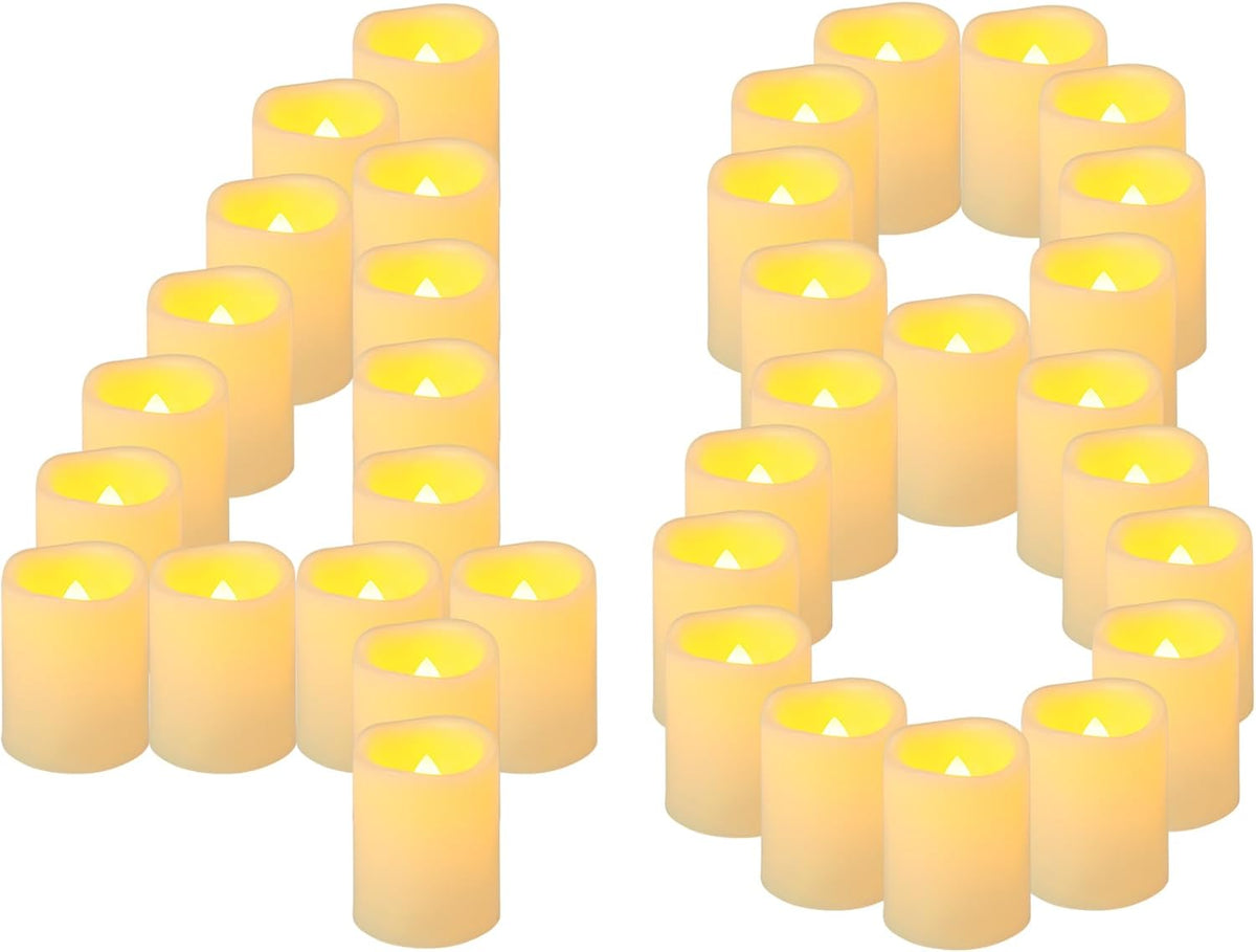 48 Pack 1.5" x 2" Votive Candles Battery Operated, Flameless Flickering LED Votive Tea Light Candles, Electric Powered Outdoor Flicker Candles Bulk for Holiday Wedding Halloween Home Decorations