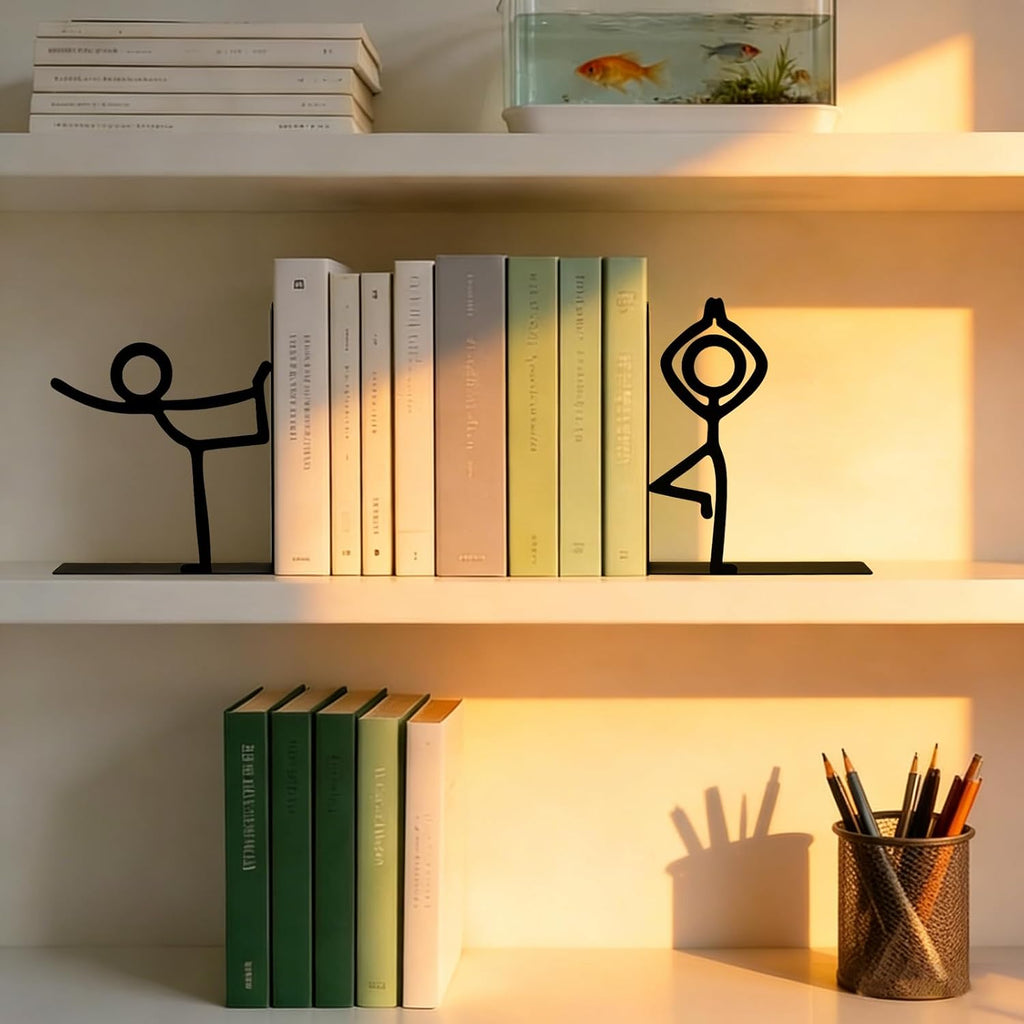 Metal Bookends People Book-end, Decorative Cute Book Ends for Shelves in Home Office Desk, Bookshelf Decor & Gift, Stable Storage (Yoga Dancer Black)