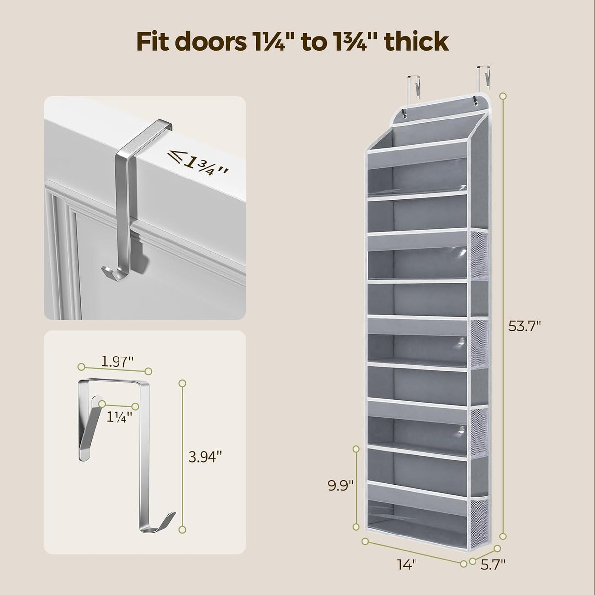 LAMU Over the Door Organizer, Large Capacity Behind the Door Storage with Clear PVC Windows, Back to School Supplies, Stuffed Animal Storage for Dorm Closet Nursery Bathroom Pantry, 5 Tier Grey