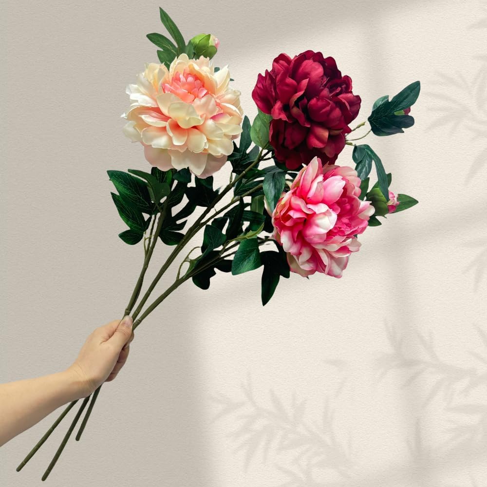 3 Pieces Peonies Artificial Flowers,Silk Flowers with Stems,27"Winter Flowers Artificial for Decoration,Long Stem Artificial Flowers for Tall Vase,Wedding Table Centerpiece Party Decor(Multicolor)