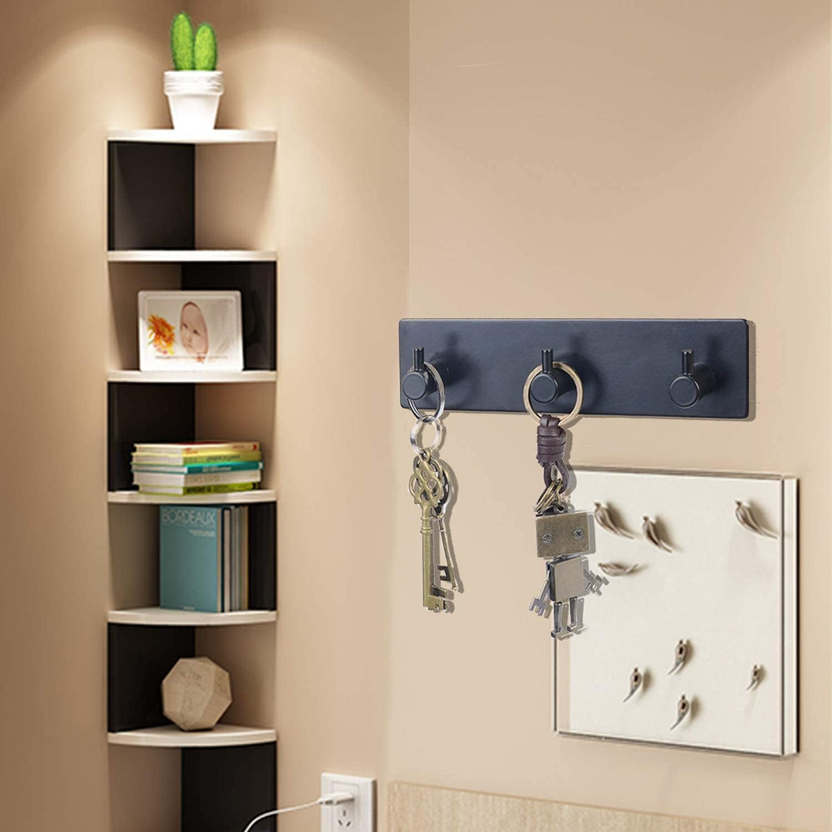 Key Holder (3 Hooks) - Sturdy Self Adhesive Stainless Steel, Matte Black, Wall Mount, Damage Free, Extra Thick, for Keys and Masks, Entryway, Hallway