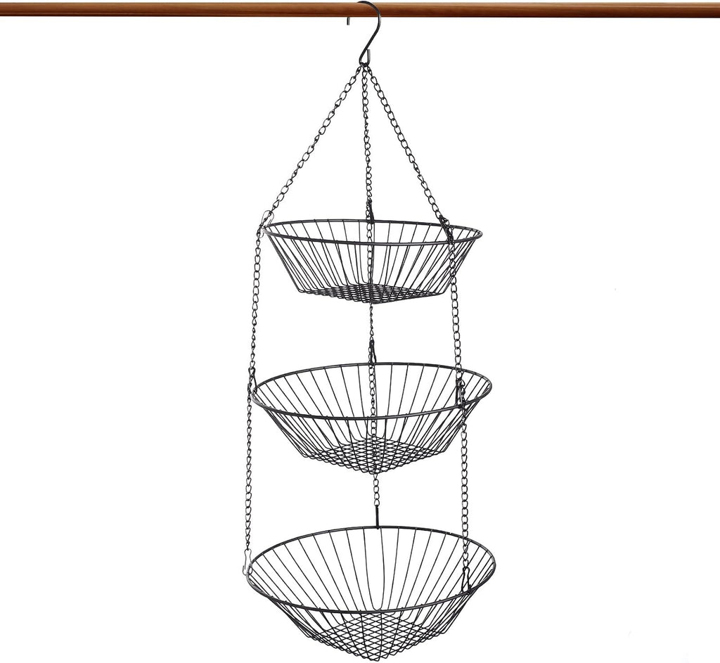 JUNCHU CHERRY 3-Tier Wire Fruit Hanging Basket 2 Packs,non-Punching Wall Hanging Storage,Kitchen Bathroom Organization Basket,Suitable for Bathroom,Kitchen,Closet,Garden,Black