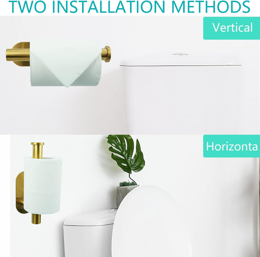 Self-Adhesive Stainless Steel Wall Mounted Toilet Paper Holder - Adhesive Mounting, No Drilling - Suitable for Bathroom, Kitchen, RV (Brushed Gold)