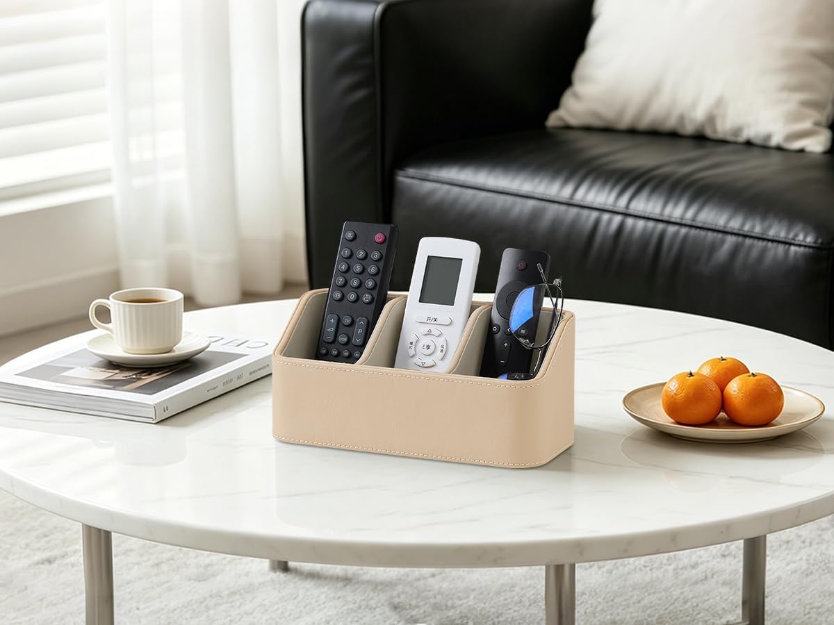 Hole-Free Wall-Mounted PU Leather Remote Control Holder, 3-Compartment Desktop Organizer, Perfect for Living Room, Bedroom, TV Side, Bathroom and More (Beige)