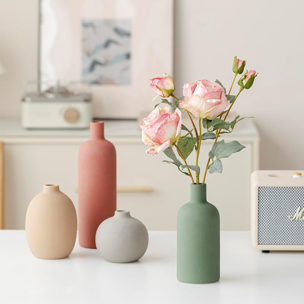 Modern Ceramic Vase Set, Neutral Colors, Decorative Vases for Home Decor, 4 Piece Collection (Green Mix Set 4)