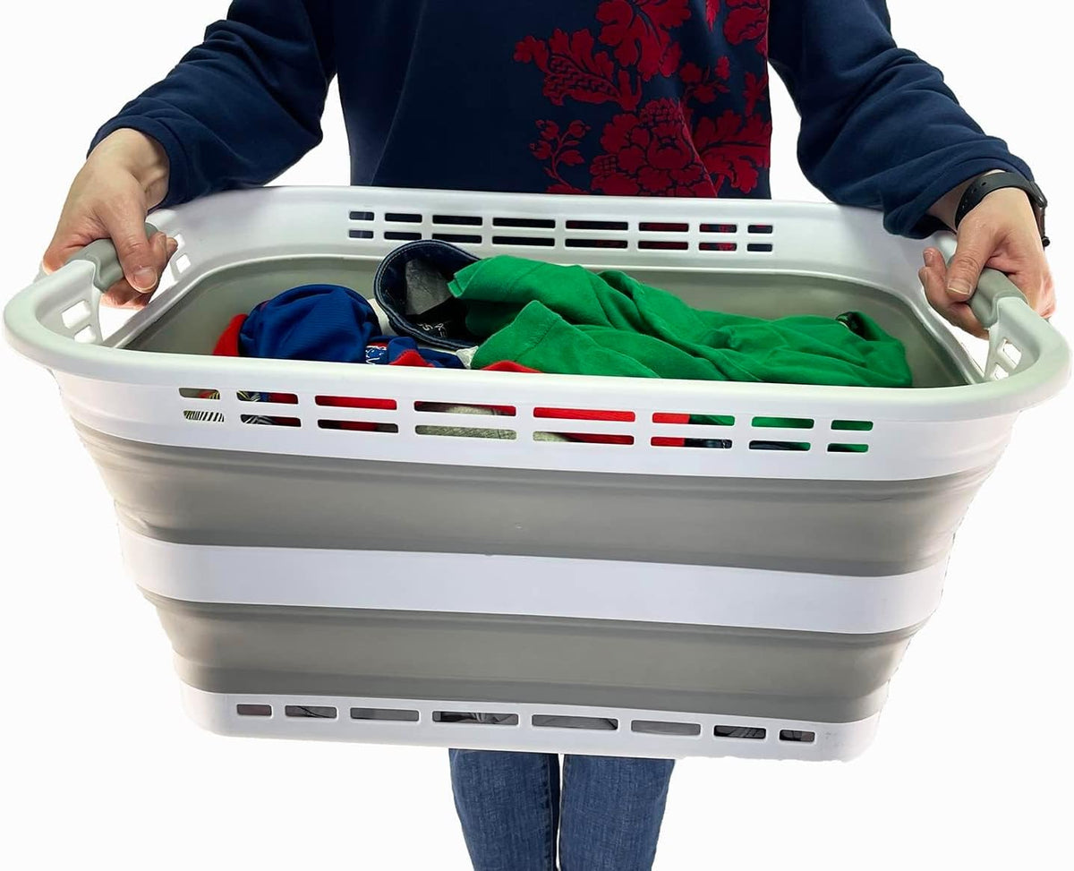 SAMMART 42L (11 Galloons) Collapsible Plastic Laundry Basket - Foldable Pop Up Storage Container/Organizer - Portable Washing Tub - Space Saving Hamper/Basket [BPA Free] (White/Grey (Set of 2))