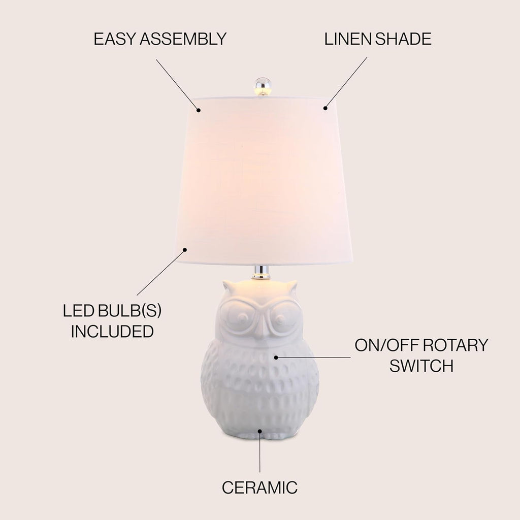 JONATHAN Y Hoot Owl Ceramic Table Lamp 20.5" Bedside Light, White