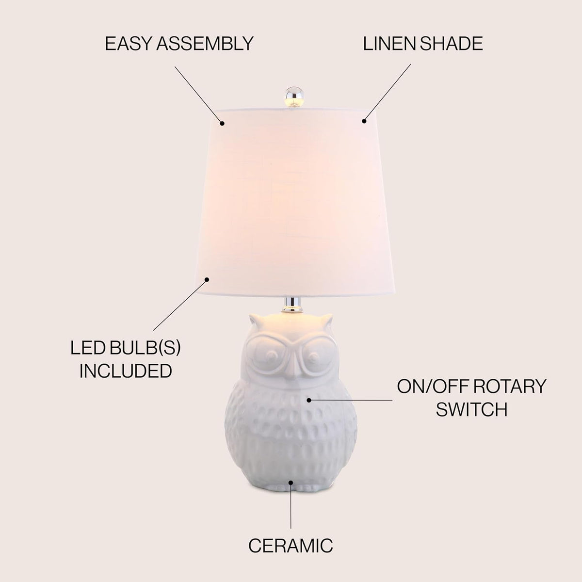JONATHAN Y Hoot Owl Ceramic Table Lamp 20.5" Bedside Light, White