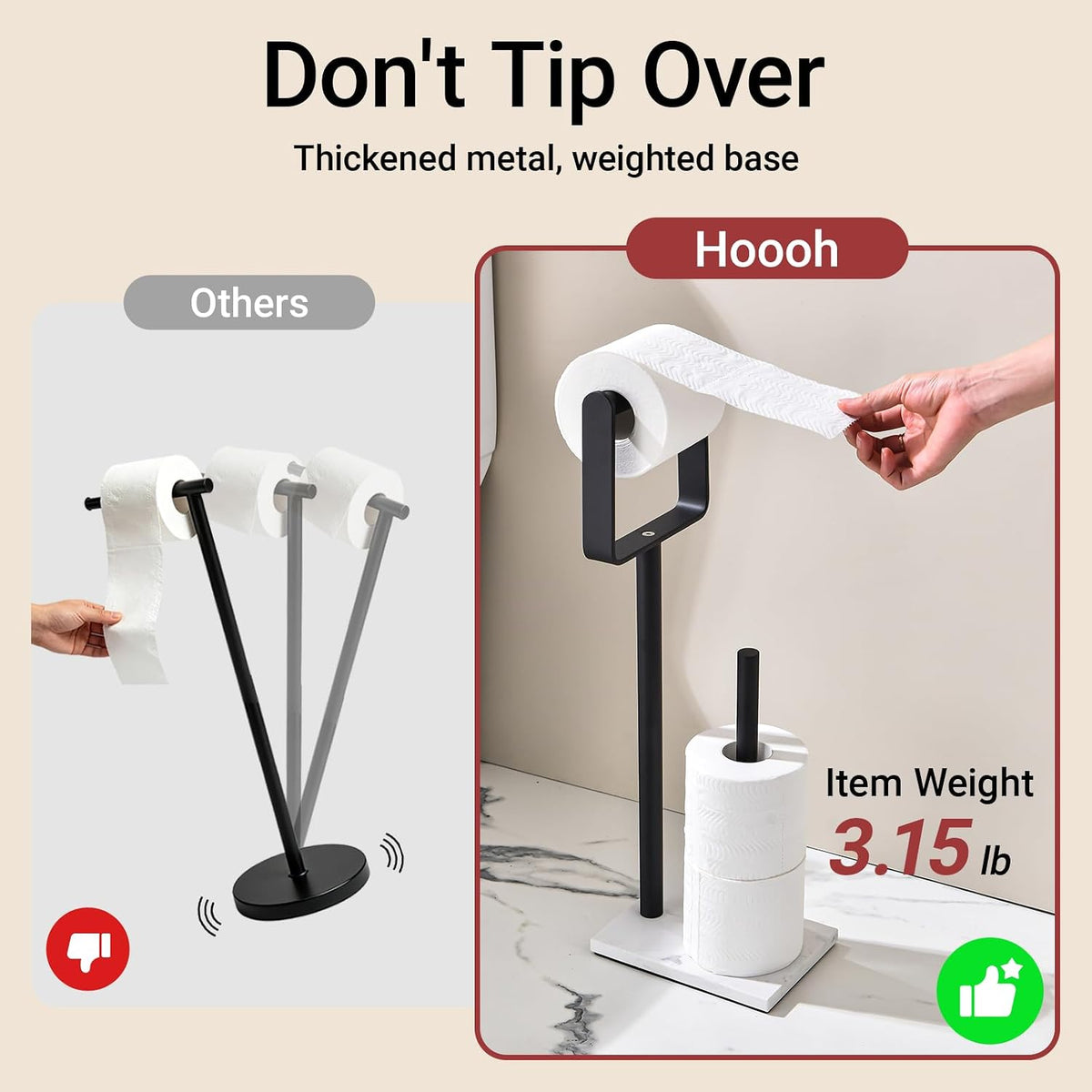 Hoooh Toilet Paper Holder Stand with Weighted Marble Base, Matte Black