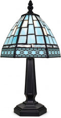 Small Tiffany Style Table Lamp,3 Color Temperature Grid Blue Stained Glass Table Lamps,Bedside Nightstand Night Light for Bedroom,Living Room, Dining Room W/LED Bulb,6X6X13Inch