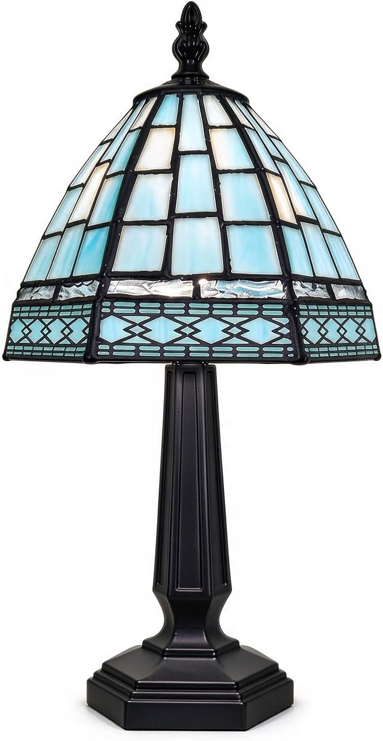 Small Tiffany Style Table Lamp,3 Color Temperature Grid Blue Stained Glass Table Lamps,Bedside Nightstand Night Light for Bedroom,Living Room, Dining Room W/LED Bulb,6X6X13Inch