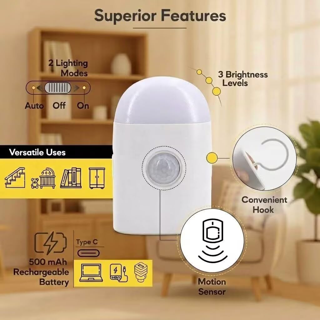 Motion Sensor LED Night Light,Warm White Dimmable Rechargeable Stick & Hook