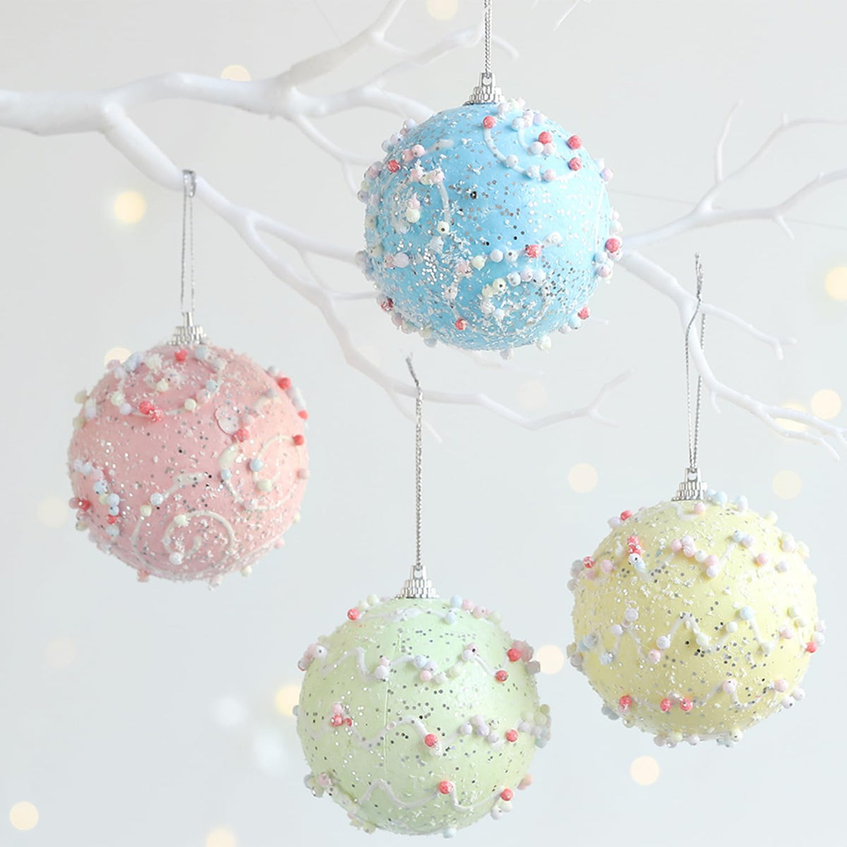12 Pcs Pastel Glitter Foam Christmas Ornaments, Shatterproof Hanging Balls