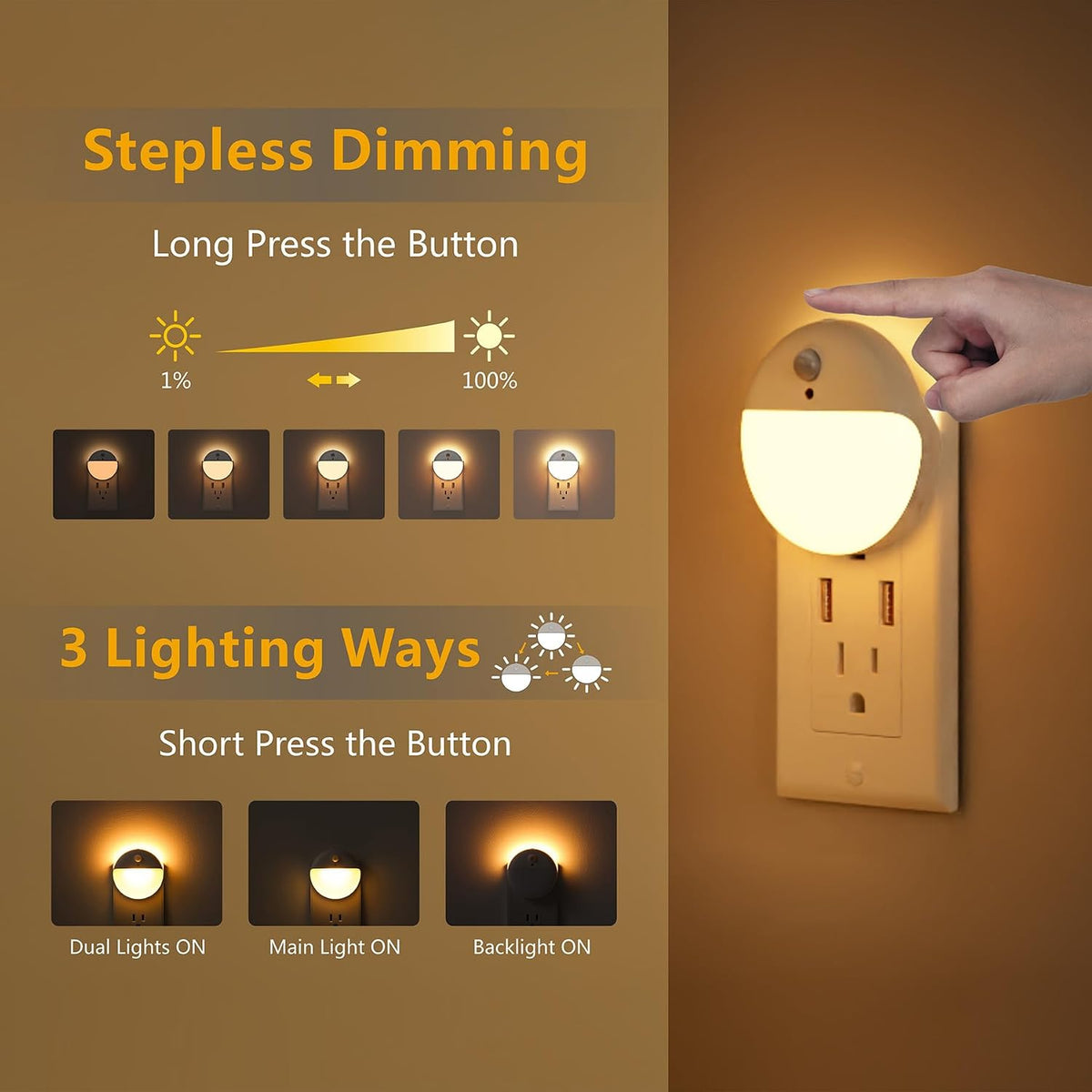 YUNLEX Motion Sensor Night Lights Plug into Wall, Dimmable 1-15lm, 2 Pack