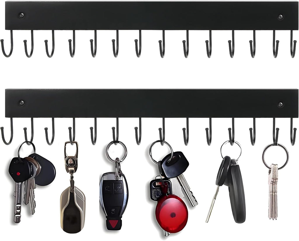 2-Pack Key Holder Wall Mount, 14.6" Key Rack with 28 Rotating Metal Hooks