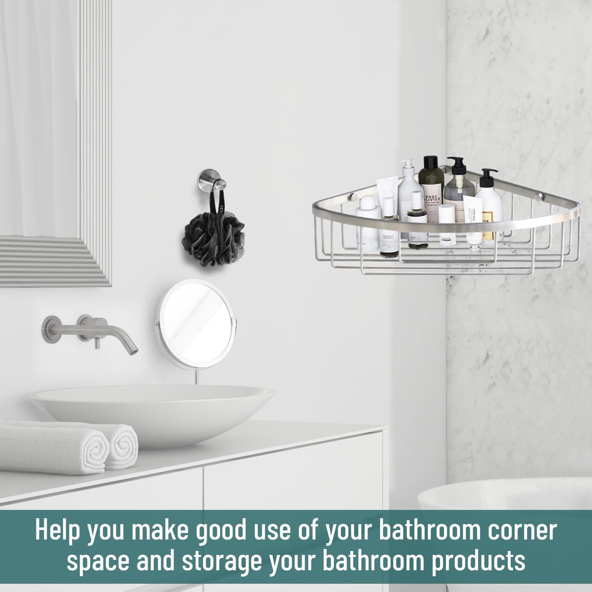 Stainless Steel Wall Mount Shower Caddy, Single Hook & Bath Wipe Waterproof Durable Corner Shower Rack for Bathroom Space Saving Bathroom Organizer & Storage for Shampoos Soap Bath Items Brushed
