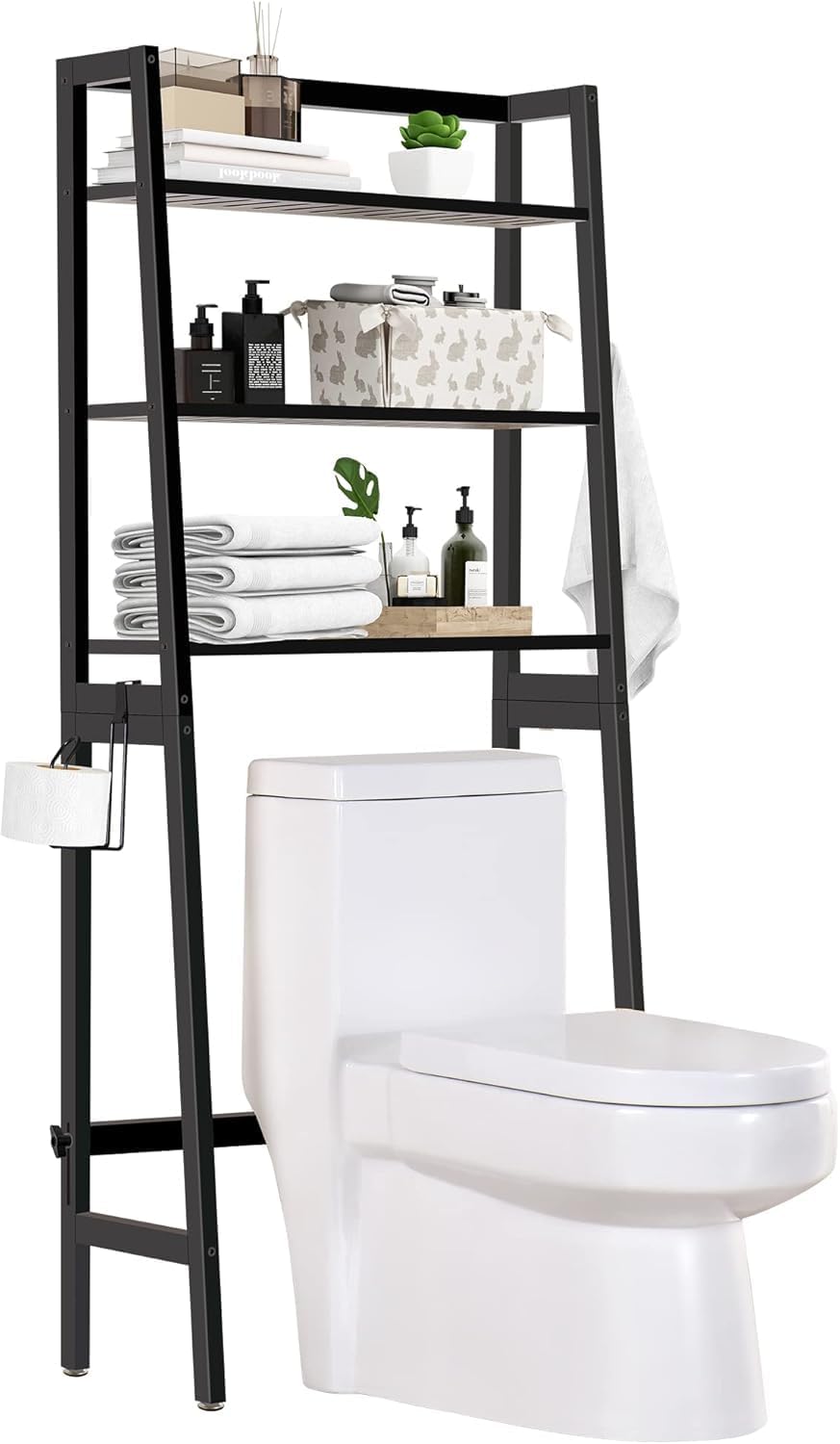 Over The Toilet Storage, Wooden 3-Tier Over-The-Toilet Rack Bathroom Space Saver Organizer, Freestanding Above Toilet with Toilet Paper Holder and Hooks（Black）