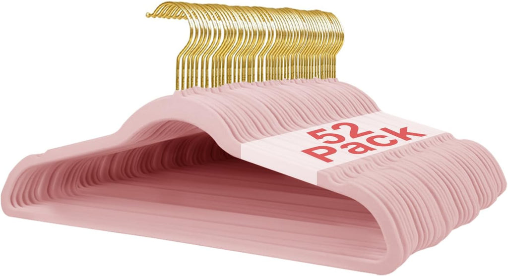 52 Packs Velvet Clothes Hangers, 17.3 Inches Non-Slip Skirt Hangers, Sturdy Dresses Hangers with Shoulder Notches, Space Saving Clothing Hangers for Adults, Pink with Gold Hook
