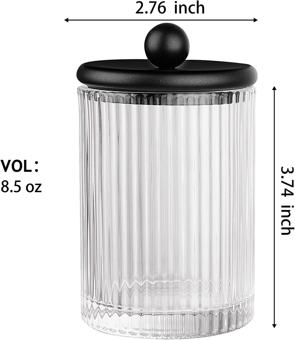 SheeChung 2 Pack Ribbed Glass Qtip Holder with Black Metal Lids