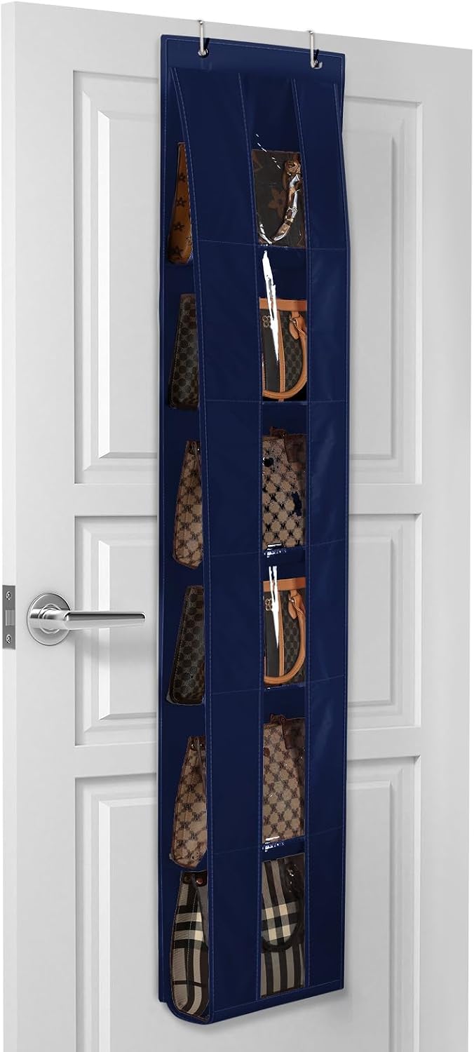 Lirex Over the Door Purse Organizer, Space-Saving Medium and Large Handbag Storage Organizer Clothing Closet Hanger, Navy Blue