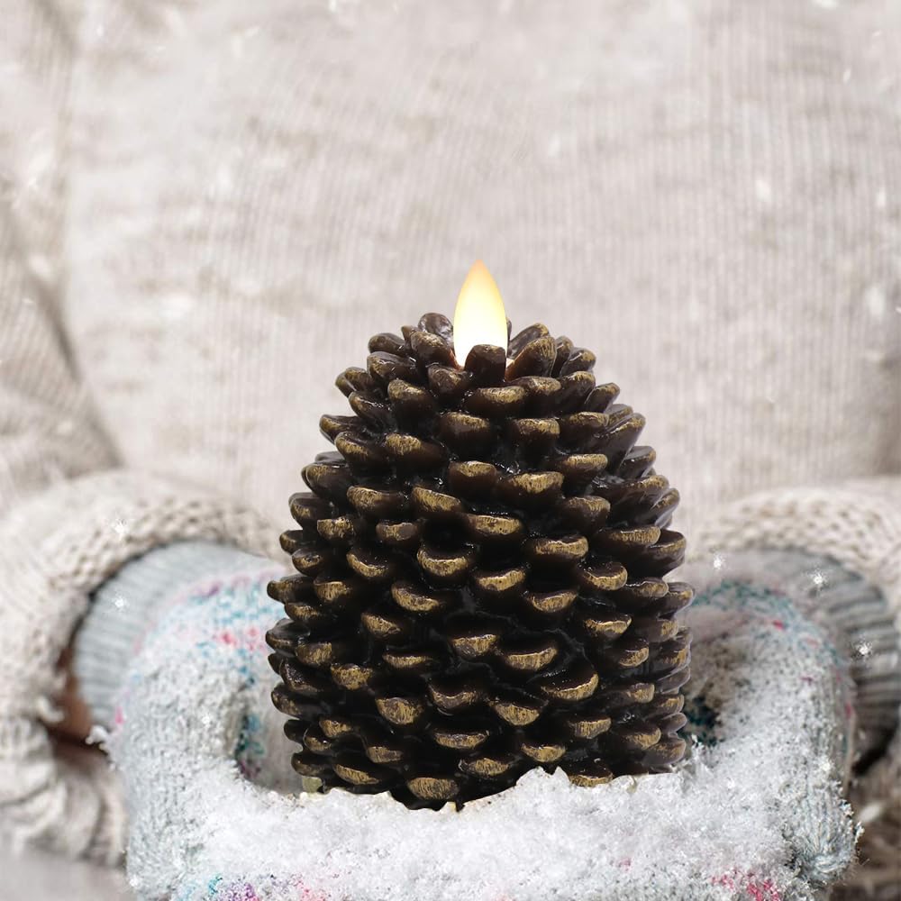 Christmas Pine Cones Flameless Candle Battery Operated with Timer Brown