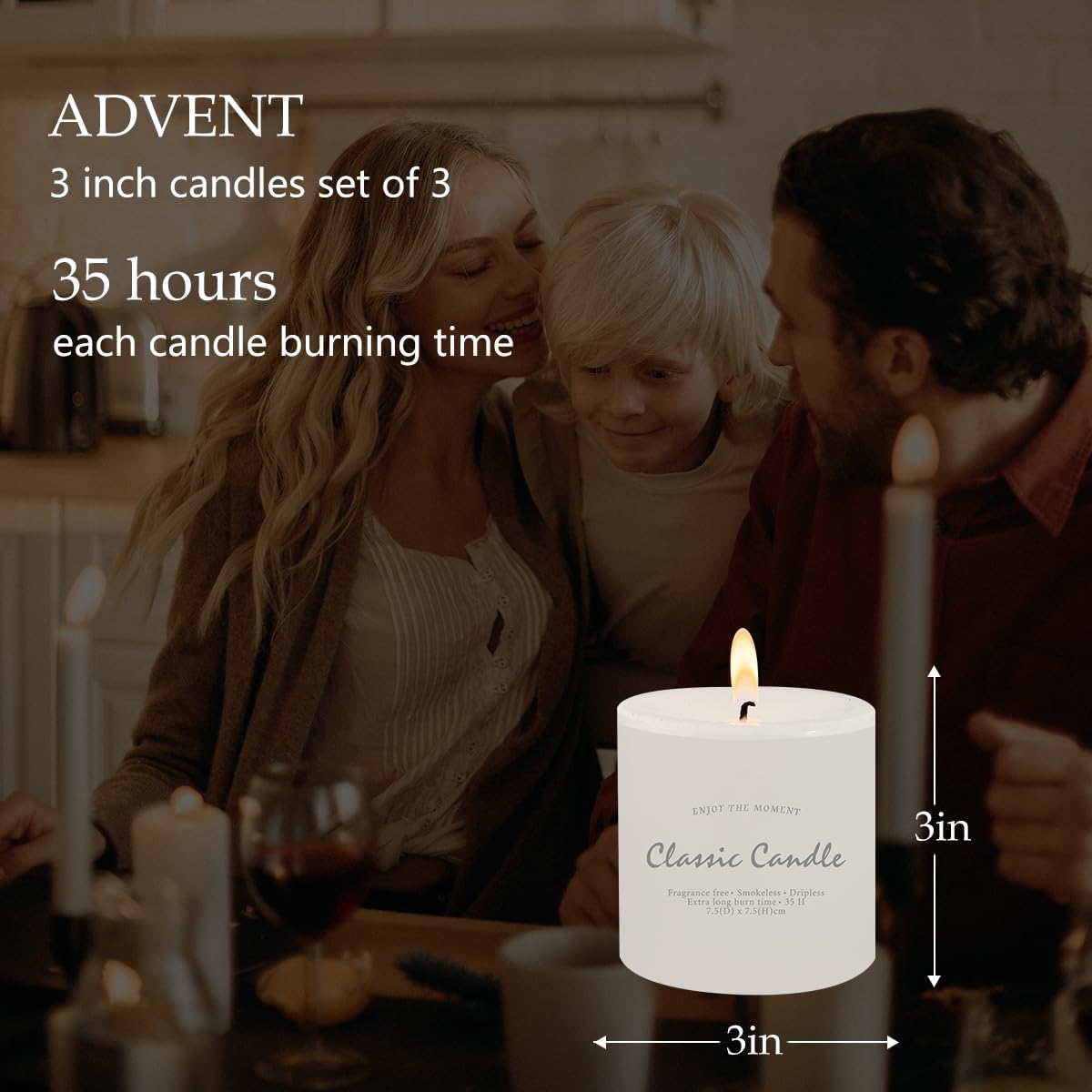 3" x 3" Hand-Poured Unscented White Pillar Candles, Dripless Candles Set of 3, Smokeless, Clean Burning, Approx 40 Hours Burn Time, Wedding, Dinner, Christmas and Home Decor