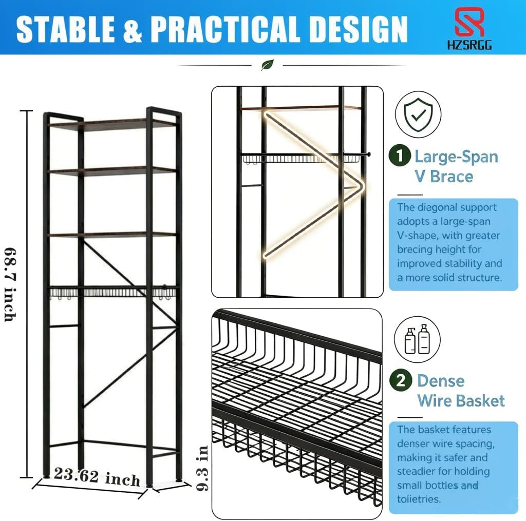 Over The Toilet Storage, 4-Tier Bathroom Organizer with V-Shaped Support & Pre-Welded Frame, Freestanding Rustproof Shelf with Toilet Paper Holder, Heavy Duty, 60" Tall, Black