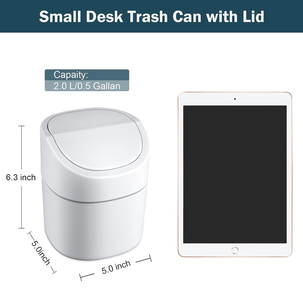 Mini Desk Trash Can with Swing Lid, 0.5gal, Includes 180 Bags, White