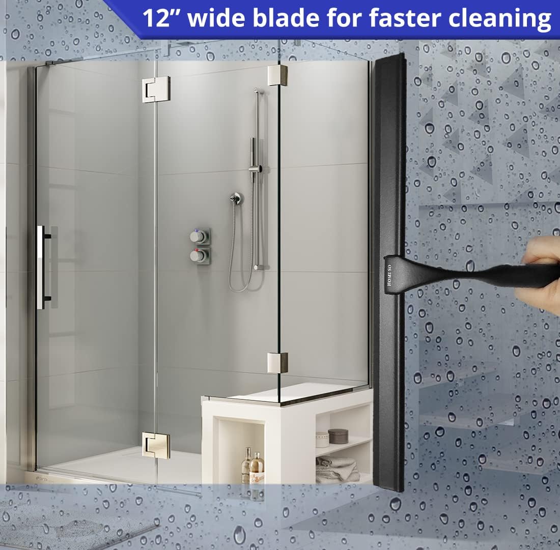 HOME SO Stainless Steel Shower Squeegee, Matte Black 12" Rubber Blade