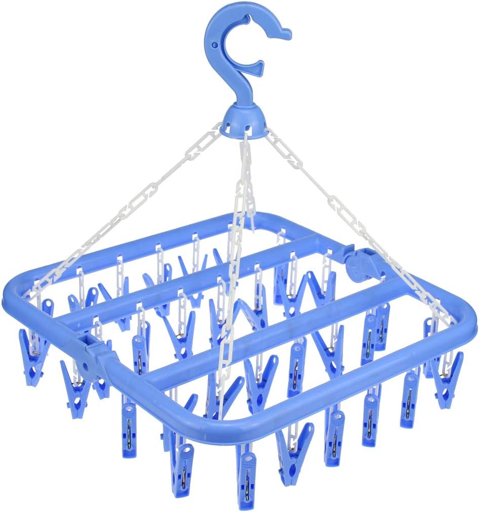32 Clips Foldable Clothes Drying Rack, 360° Rotating Hanger with Windproof Hook for Socks Underwear Baby Clothes Towels Bras Diapers Scarf Gloves Portable Laundry Rack