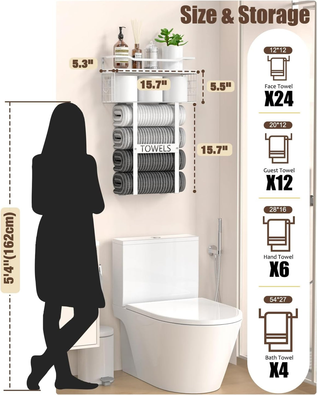 Towel Racks for Bathroom Wall Mounted - Bath Wall Towel Holder Set Above Toilet Storage, Rolled Towel Shelf Organizer for Small Bathroom All White, Wood Vertical Towel Rack for Bathroom Wall Decor
