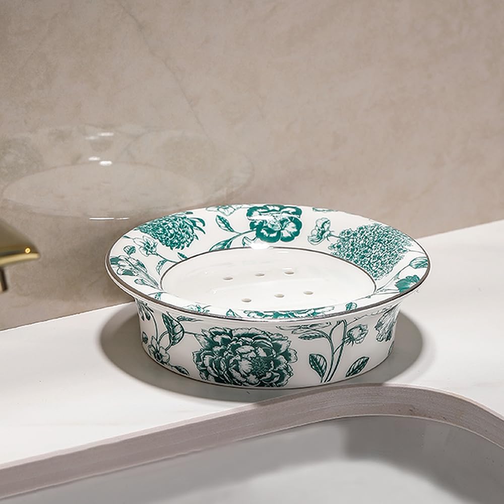 Floral Self Draining Soap Dish, Vintage Round Soap Tray(Style D)