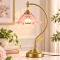 Vintage Floral Table Lamp, Plug in Mid-Century Modern Desk Lamp with Pink Glass Shade, Gold Bedside Table Lamp Dimmable for Bedroom Living Room Home Office