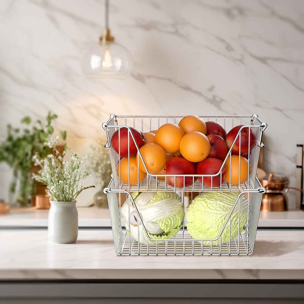 Slideep 14" Large Stackable Storage Baskets, Cabinet Organizer Sturdy Metal Wire Pantry Freezer Bin for Pantry Home Bathroom Kitchen Organization - Set of 8