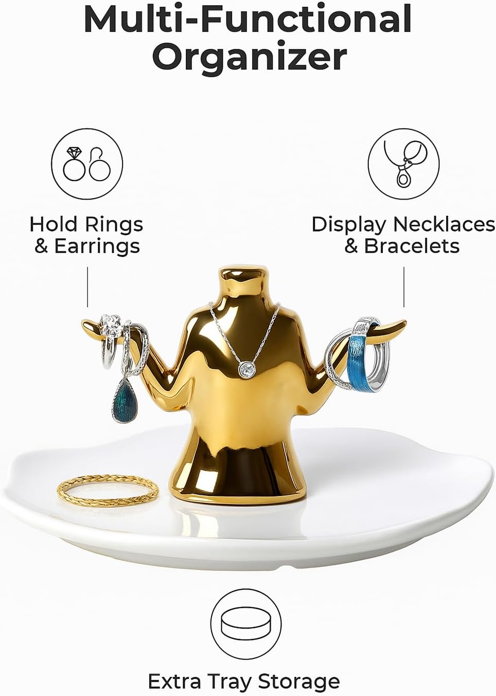 Gold Jewelry Holder with Tray, Ceramic Ring Dish, Earring Stand