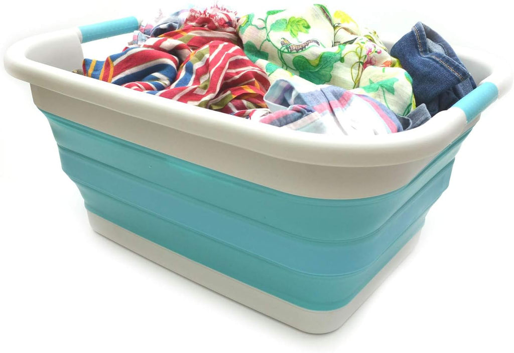 SAMMART 41L Collapsible Plastic Laundry Basket - Foldable Pop Up Storage Container/Organizer - Portable Washing Tub - Space Saving Hamper/Basket (1, Grey/Bright Blue)
