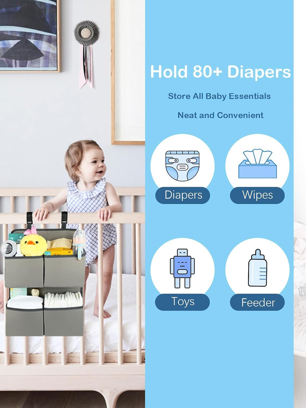 Hanging Diaper Organizer for Crib/Playpen/Bassinet/Playard – Hold 80+ Diapers - 4 Deep Pockets- Changing Table Diaper Holder Bag- Diaper Storage for Newborn Baby Essentials Stacker Caddy, Gray