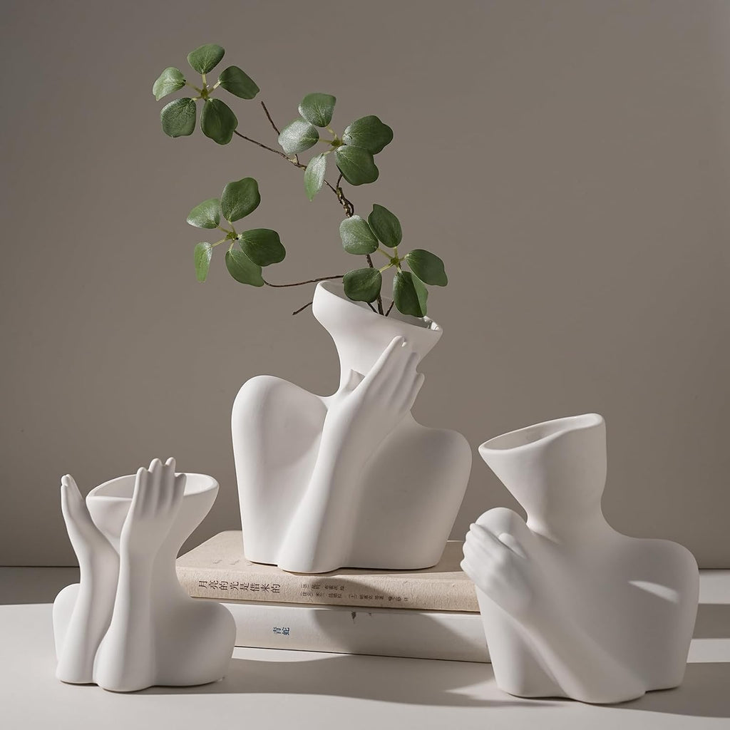 Ceramic Body Vase, Female Form Half Body Vase, Modern Minimalist Boho, Decorative Vase for Living Room, Bedroom, Shelf, Dining Table, Bathroom & Office, (White Shoulder-Grazing Style)