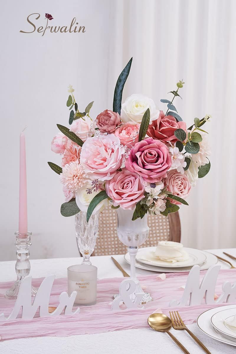 Serwalin Artificial Flowers Spring Pink Silk Roses Flower for Wedding Decor