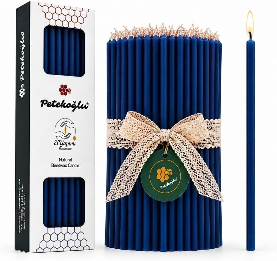 Petekoğlu 40 Pieces Pure Beeswax Candles - No-Drip, Smoke-Less, Tall, Thin Taper Decorative Candles for Church Prayer, Decor or Birthday Candles – Honey Scented Candles – 7.9”x0.26” (Deep Blue)