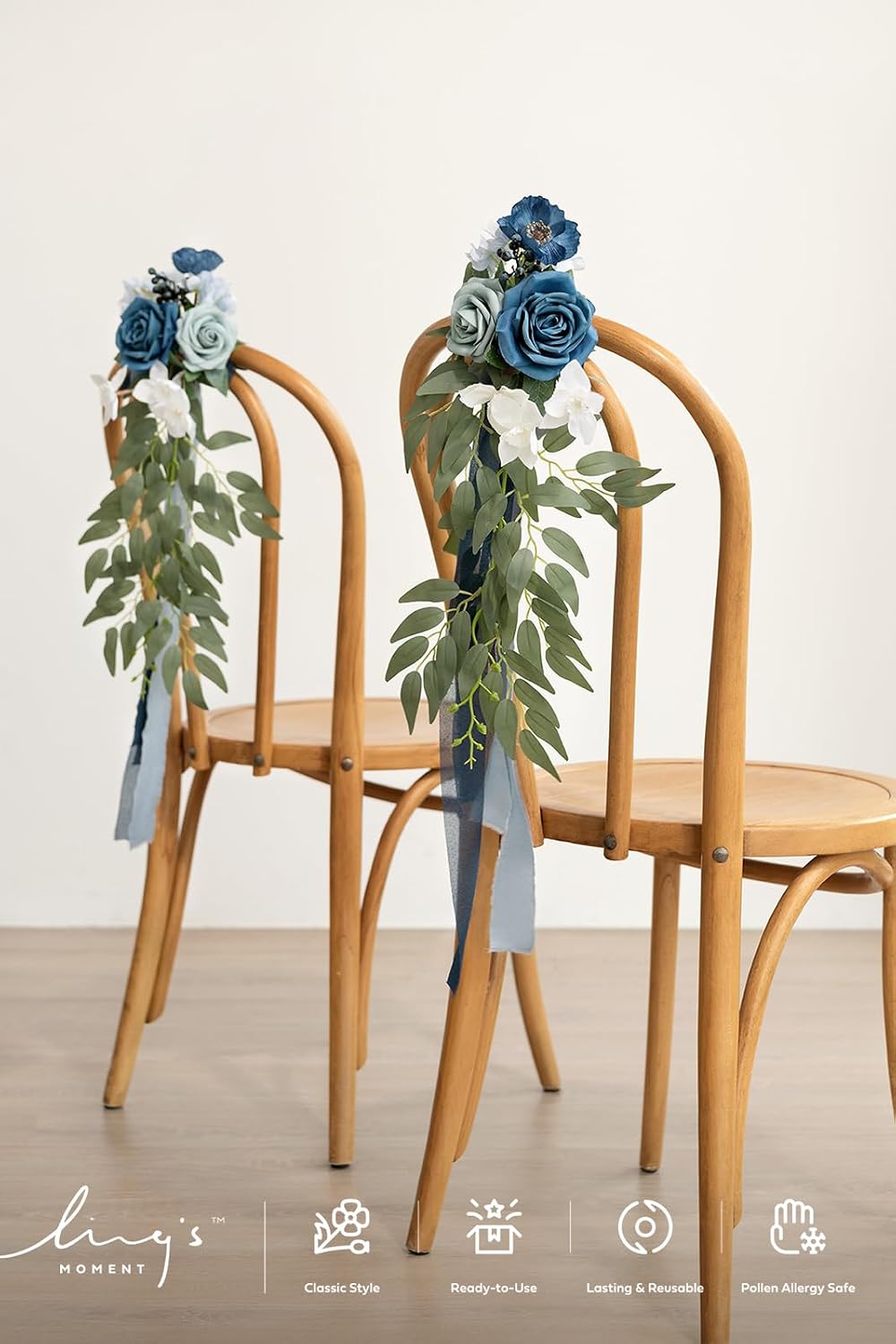 Ling's moment 8pcs Wedding Artificial Aisle Pew Flowers, Dusty Blue & Navy